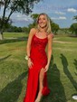 Sheath/Column Scoop Neck Satin Prom Dresses With Appliques