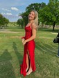 Sheath/Column Scoop Neck Satin Prom Dresses With Appliques