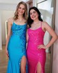 Sheath/Column Scoop Neck Satin Prom Dresses With Appliques