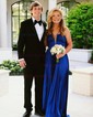 A-line Halter Satin Cut Out Pleated Prom Dresses With Bow