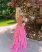 Ball Gown Strapless Chiffon Ruffle Tiered Prom Dresses With Appliques