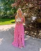 Ball Gown Strapless Chiffon Ruffle Tiered Prom Dresses With Appliques