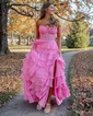 Ball Gown Strapless Chiffon Ruffle Tiered Prom Dresses With Appliques