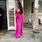 Sheath/Column V-neck Satin Corset Beaded Prom Dresse