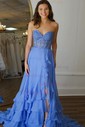A-line Strapless Chiffon Ruffle Tiered Prom Dresses With Appliques
