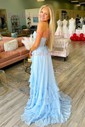A-line Strapless Chiffon Ruffle Tiered Prom Dresses With Appliques