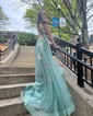 Ball Gown V-neck Tulle Prom Dresses With Appliques