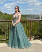 Ball Gown V-neck Tulle Prom Dresses With Appliques