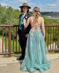 Ball Gown V-neck Tulle Prom Dresses With Appliques