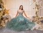Ball Gown V-neck Tulle Prom Dresses With Appliques