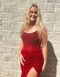 Sheath/Column Strapless Sparkly Sequin Prom Dresses With Beading