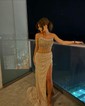 Sheath/Column Strapless Sparkly Sequin Prom Dresses With Beading