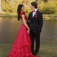 A-line V-neck Cut Out Satin Ruffle Tiered Prom Dresses