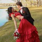 A-line V-neck Cut Out Satin Ruffle Tiered Prom Dresses