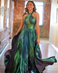A-line Halter Metallic Floor-length Prom Dresses With Split Front