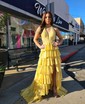 Ball Gown Halter Satin Tiered Prom Dresses With Beading