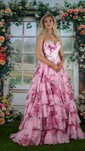 Ball Gown Strapless Satin Chiffon Floral Tiered Prom Dresses