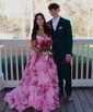 Ball Gown Strapless Satin Chiffon Floral Tiered Prom Dresses