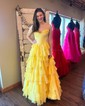 Ball Gown Strapless Satin Chiffon Ruffle Tiered Prom Dresses