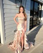 Mermaid Strapless Satin Tiered Prom Dresses With Appliques