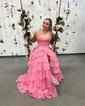 Ball Gown Strapless Satin Chiffon Tiered Prom Dresses With Appliques