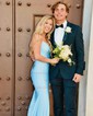 Trumpet/Mermaid V-neck Jersey Sweep Train Prom Dresses With Ruched