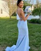 Trumpet/Mermaid V-neck Jersey Sweep Train Prom Dresses With Ruched