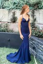 Trumpet/Mermaid V-neck Jersey Sweep Train Prom Dresses With Ruched
