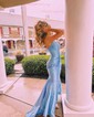 Trumpet/Mermaid V-neck Jersey Sweep Train Prom Dresses With Ruched