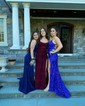 Trumpet/Mermaid V-neck Jersey Sweep Train Prom Dresses With Ruched