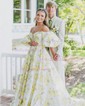 Ball Gown Sweetheart Satin Floral Prom Dresses With Puff Sleeve