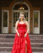 Ball Gown Scoop Neck Tulle Tiered Prom Dresses With Appliques