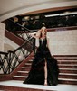 Ball Gown V-neck Tulle Ruffle Tiered Prom Dresses With Appliques