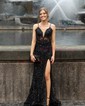 Sheath/Column V-neck Sparkly Velvet Sequin Prom Dresses With Appliques