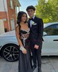 Sheath/Column V-neck Satin Corset Prom Dresses With Beading