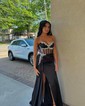 Sheath/Column V-neck Satin Corset Prom Dresses With Beading