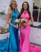 Sheath/Column Halter Satin Cut Out Prom Dresses With Ruched