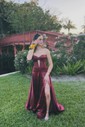 A-line Strapless Satin Cut Out Prom Dresses With Ruched