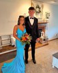 Blue Mermaid V-neck Corset Satin Prom Dresses with Ruched