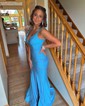 Blue Mermaid V-neck Corset Satin Prom Dresses with Ruched