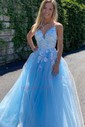 Ball Gown V-neck Floor-length Tulle Prom Dresses With Appliques