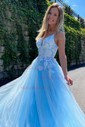 Ball Gown V-neck Floor-length Tulle Prom Dresses With Appliques