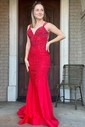 Mermaid V-neck Jersey Beaded Prom Dresses With Ruched