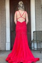 Mermaid V-neck Jersey Beaded Prom Dresses With Ruched