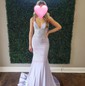 Mermaid V-neck Jersey Beaded Prom Dresses With Ruched