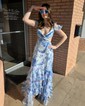 Sheath/Column V-neck Floral Chiffon Tiered Prom Dresses