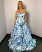 Ball Gown Strapless Satin Chiffon Floral Tiered Prom Dresses