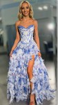 Ball Gown Strapless Satin Chiffon Floral Tiered Prom Dresses