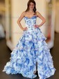 Ball Gown Strapless Satin Chiffon Floral Tiered Prom Dresses