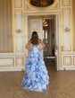 Ball Gown Strapless Satin Chiffon Floral Tiered Prom Dresses